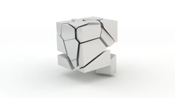 白い立方体の3Dアニメーションをループさせ 幾何学的形状を断片に分割し 離陸し 落下し 消えます 概要4Kアニメーション — ストック動画