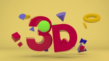Üç boyutlu geometrik şekil ve metin dizisinin üç boyutlu döngü animasyonu, bir üç boyutlu grafik sembolü. Uzayda metinlerin ve şekillerin kaotik hareketi. Çocuk oyuncağı stili, bir grup ilkel çocuk..