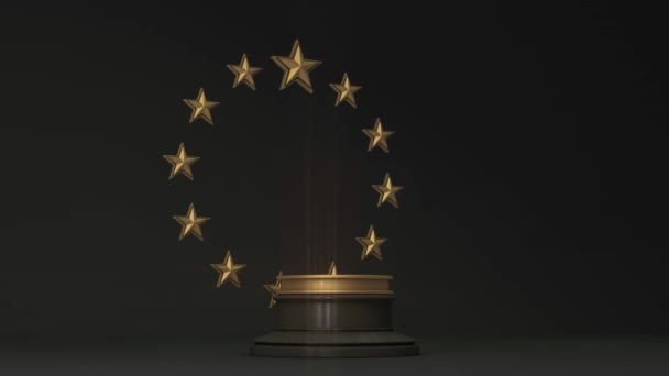 ヨーロッパ連合の黄金の地図と12個の星の星座の3Dアニメーション 地図は表彰台の上に表示されます ヨーロッパの黄金時代 — ストック動画