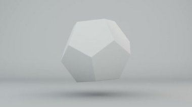 Platonik bir vücudun soyut üç boyutlu animasyonu, beyaz arka planda geometrik bir figür, döner ve çöker. Parçalar yüzeye düşer. Mutsuz bir son.