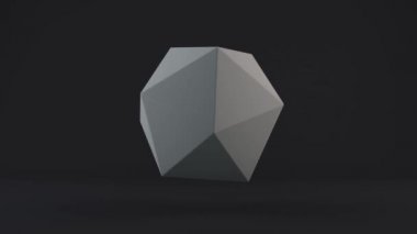 Platonik bir vücudun soyut 3D animasyonu, geometrik bir figür, stüdyoda gürültü ve yansımaları olan düşük çokyüzlü bir çokyüzlü. Çokyüzlü döndürme sırasında yok edilir.