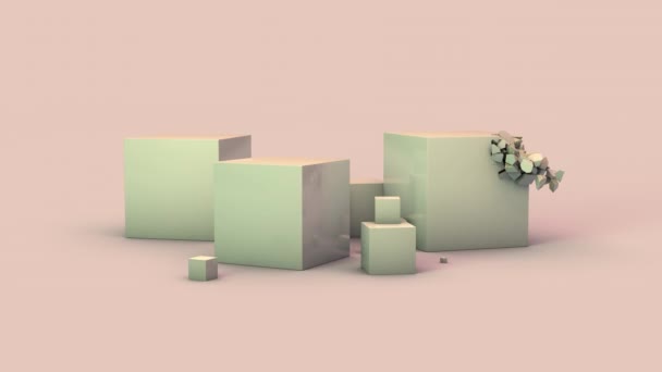 表面に白い立方体のセットの3Dアニメーション 2つのキューブは自己破壊を開始します 自己破壊 エントロピーの考え方 — ストック動画