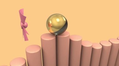 Bir dizi sütun boyunca hareket eden demirli altın bir kürenin 3D döngüsü. Devamlı dönen küre bir vantilatör tarafından ayarlanır.