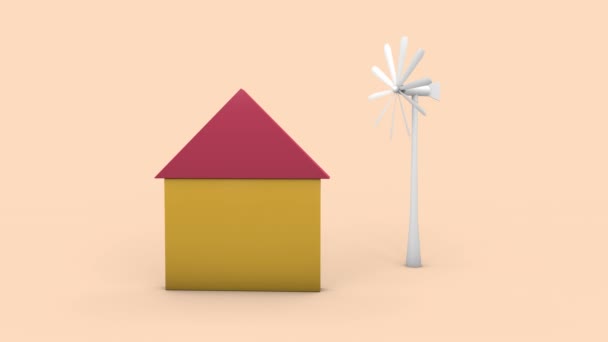 房子和电动风车的3D循环动画 清洁能源的象征 购置房地产的新方法 — 图库视频影像