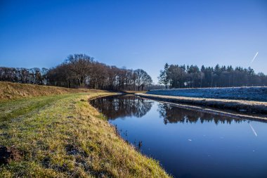 Kışın açık mavi gökyüzü ile tipik Hollanda deresi