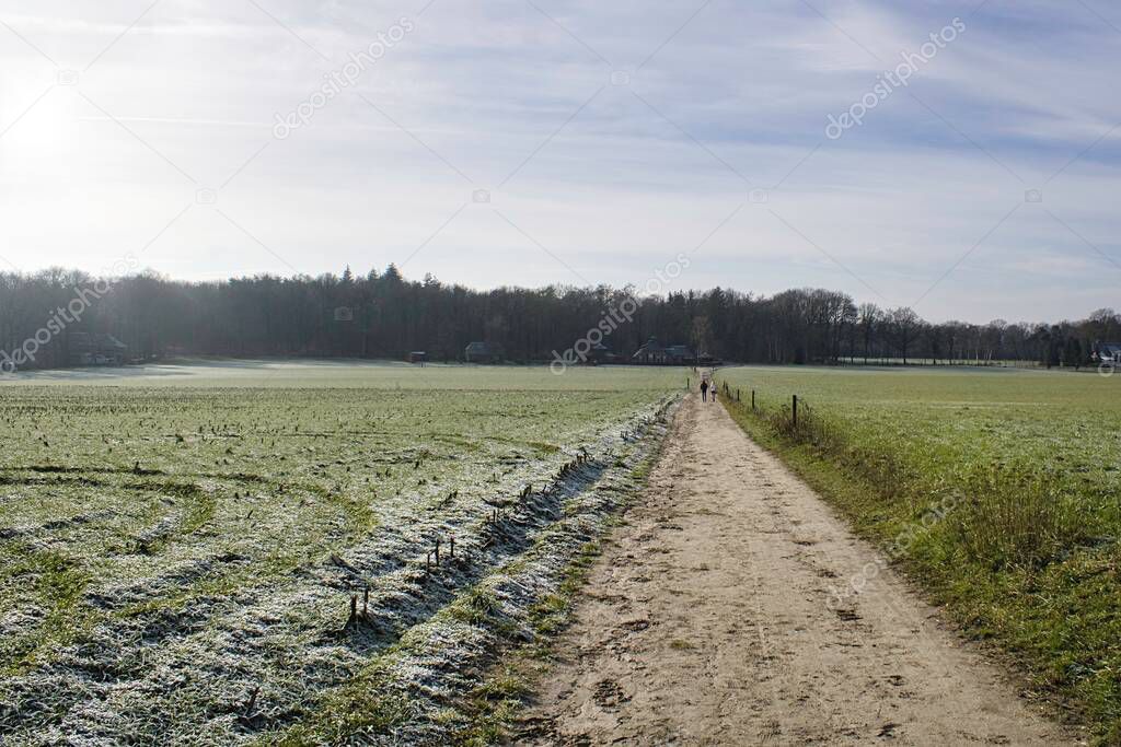 Walking at a dirt road in Twente, the Netherlands, during winter