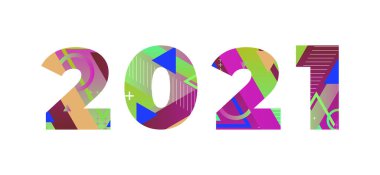 Renkli retro şekiller ve renkler ile yazılmış 2021 konsepti.
