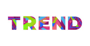 Renkli retro şekiller ve renkler ile yazılmış TREND kavramı.