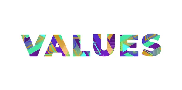 Λέξη Values Έννοια Γραμμένο Πολύχρωμα Σχήματα Ρετρό Και Εικονογράφηση Χρωμάτων — Διανυσματικό Αρχείο