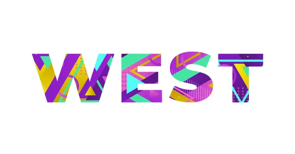 カラフルなレトロな形と色のイラストで書かれた単語Westの概念 — ストックベクタ