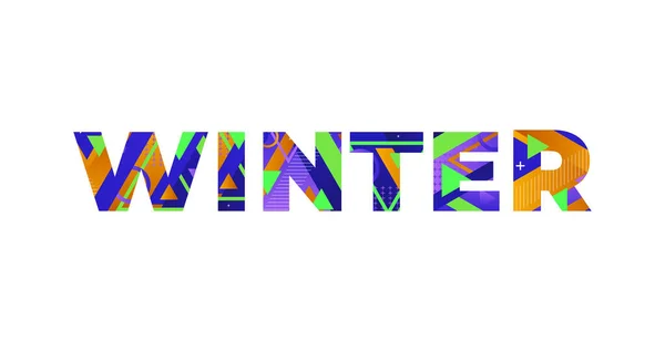 カラフルなレトロな形と色のイラストで書かれた単語の冬のコンセプト — ストックベクタ