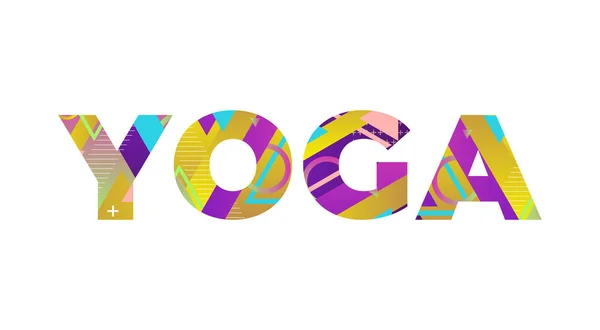 カラフルなレトロな形と色のイラストで書かれたYogaのコンセプトという言葉 — ストックベクタ