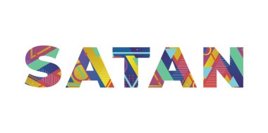 Renkli retro şekiller ve renkler ile yazılmış SATAN kavramı.