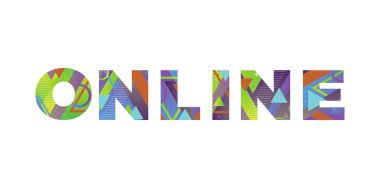ONLINE konsepti renkli geçmişe dönük şekiller ve renkler ile yazılmış..