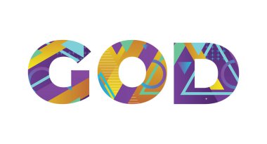 Tanrı kavramı renkli geçmişe dönük şekiller ve renkler ile yazılmış..