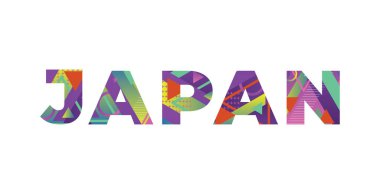 Renkli retro şekiller ve renkler ile yazılmış Japon kavramı.