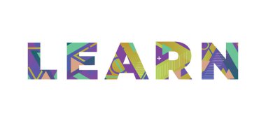 Renkli retro şekiller ve renkler ile yazılmış Learn kavramı.