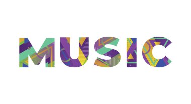 MÜZİK kavramı renkli geçmişe dönük şekiller ve renkler çizimi ile yazıldı.