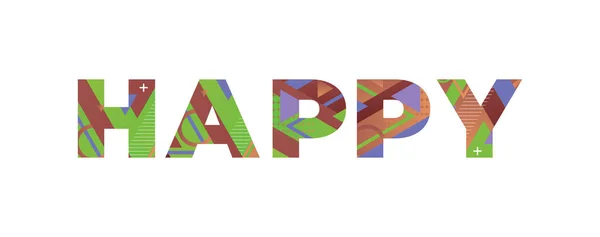 Λέξη Happy Έννοια Γραμμένο Πολύχρωμα Ρετρό Σχήματα Και Χρώματα Εικονογράφηση — Διανυσματικό Αρχείο