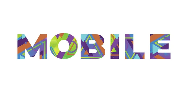 Het Woord Mobile Concept Geschreven Kleurrijke Retro Vormen Kleuren Illustratie — Stockvector