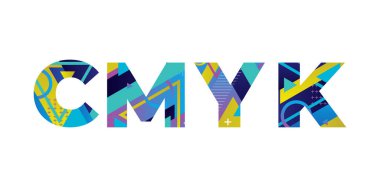 CMYK kavramı renkli geçmişe dönük şekiller ve renkler ile yazıldı.