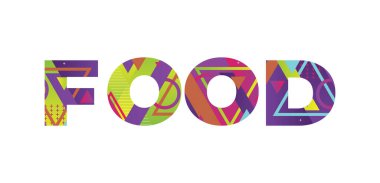 FOOD konsepti renkli geçmişe dönük şekiller ve renkler ile yazılmış..