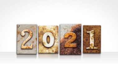 2021 yılı, beyaz bir arkaplanda izole edilmiş eski model mektup baskı tipi ile yazılmış.