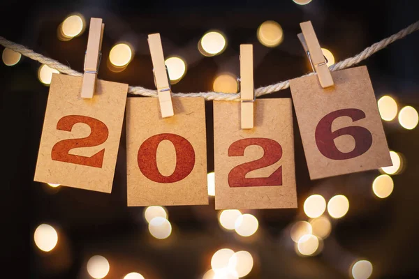 Year 2026 Written Pinned Cards Hanging String — Stock Photo, Image