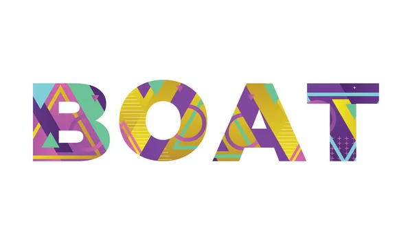 カラフルなレトロな形と色のイラストで書かれた単語Boatの概念 — ストックベクタ