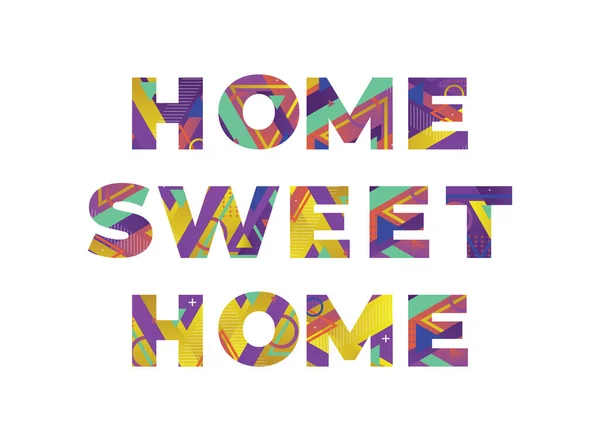 カラフルなレトロな形と色のイラストで書かれた言葉ホームスイートホームコンセプト — ストックベクタ