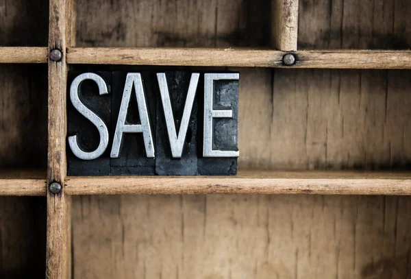 Save Concept Metal Letterpress Word in Drawer — Stock Photo, Image