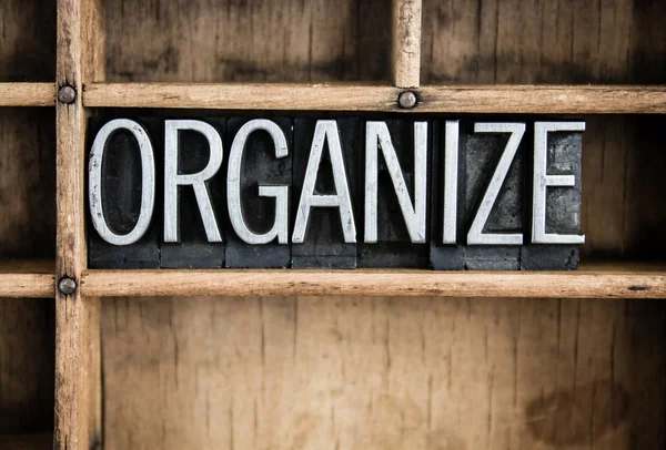 Organize Concept Metal Letterpress Word in Drawer — Stock Photo, Image