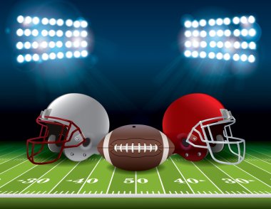 American Football Field with Helmets and Ball Illustration clipart