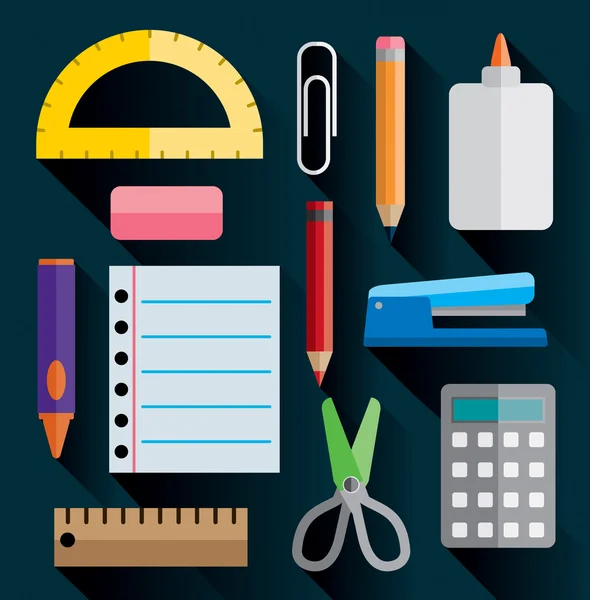 Oficina y suministros escolares Imágenes planas Ilustración — Vector de stock