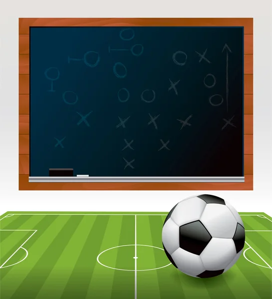 黒板の図を持つフィールドでサッカー ボール — ストックベクタ
