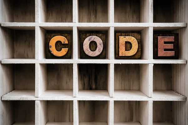 Code Concept Wooden Letterpress Type in Draw — 스톡 사진