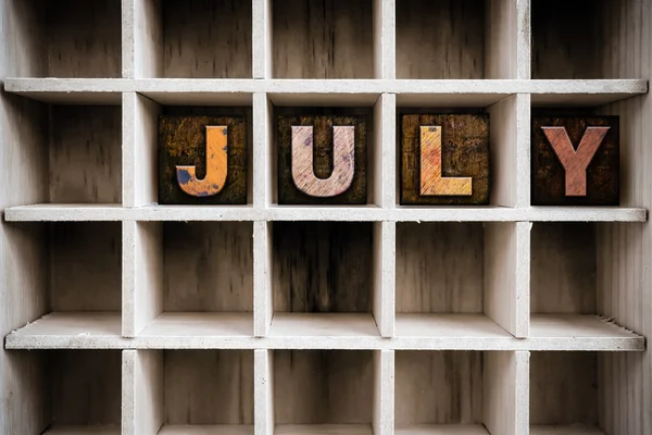 July Concept Wooden Letterpress Type in Drawer — Stock Photo, Image