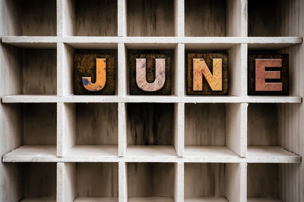 June Concept Wooden Letterpress Type in Drawer — Stock Photo, Image