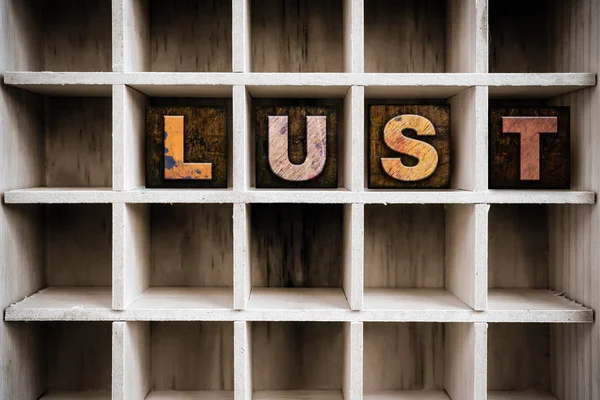 Lust Concept Wooden Letterpress Type in Drawer — Stockfoto