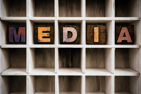 Media Concept Wooden Letterpress Type in Drawer — Stock fotografie