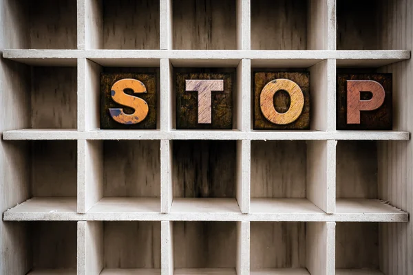 Stop Concept Wooden Letterpress Type in Drawer — Stock Photo, Image