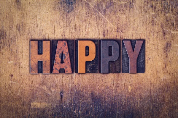 Mutlu kavramı ahşap Letterpress türü — Stok fotoğraf