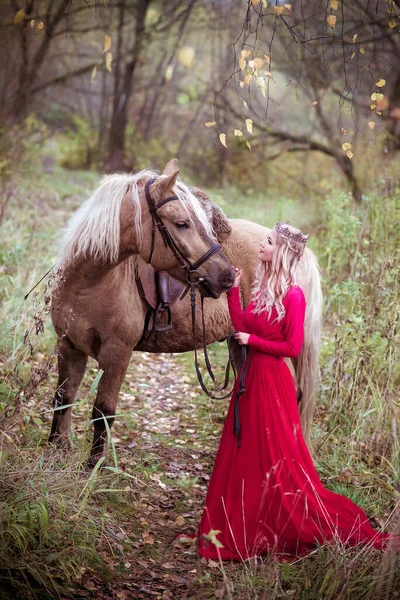 Belle Femme Couronne Blonde Cheval Princesse Dans Conte Fées Fantaisie — Photo