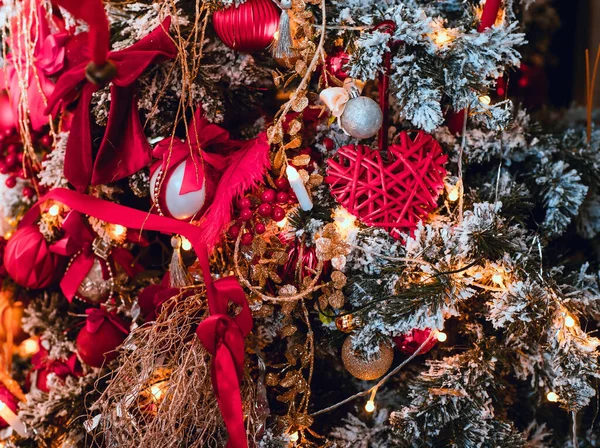 Kerstboom Speelgoed Achtergrond Rood Hart — Stockfoto