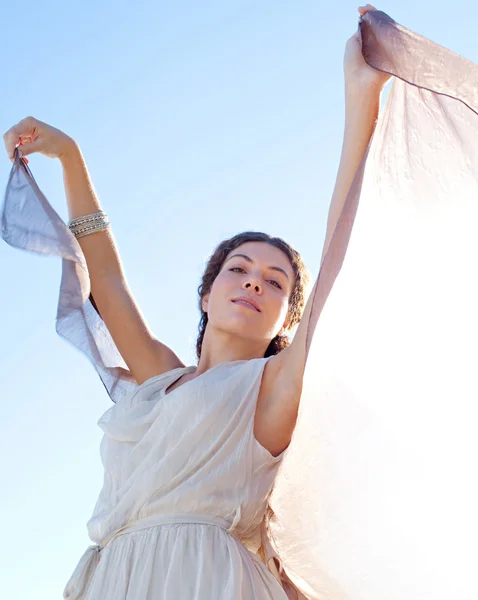 Elegant woman with  floating silk fabric — Stock Photo, Image