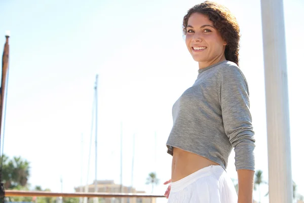 Woman on yachts marine pier — 스톡 사진