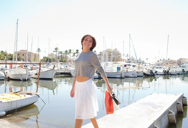 Woman on yachts marine pier — 스톡 사진