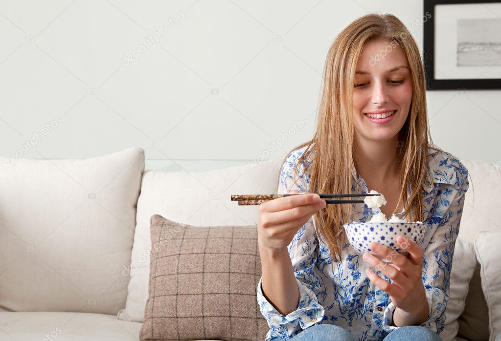 Woman eating white rice — Stock Photo © mjth 77843184