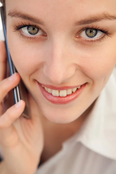 Business woman make a phone call and have a mobile conversation — Stok fotoğraf