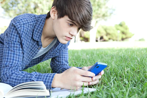Menino usando um smartphone para navegar na internet em uma grama — Fotografia de Stock